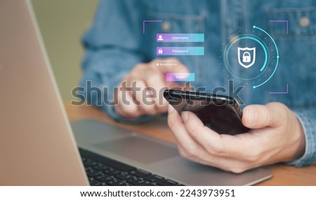 Selective focus at people hand while using smartphone to type password credential to login to Internet wireless connection at home. Network security of internet access into router with futuristic icon