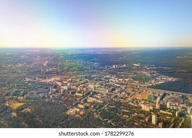 Selective focus, place for text, aerial photography. Aerial view on districts of Kyiv (Kiev) - the largest city and capital of Ukraine.  Kyiv (Kiev), Ukraine, Europe.