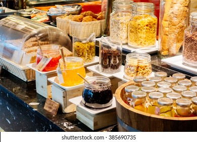 Selective focus point on Breakfast buffet catering in hotel restaurant - Vintage Light Filter