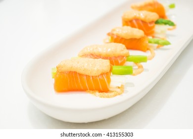 Selective Focus Point On Sushi Salmon Roll - Japanese Food Style