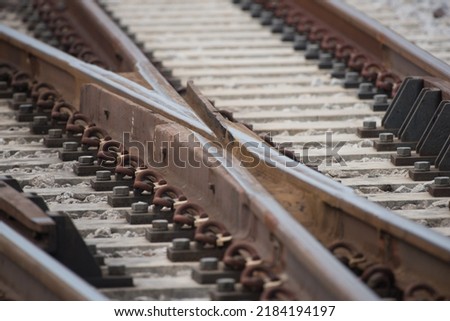 Selective focus of Railway turnout.Close up of crossing railway. 