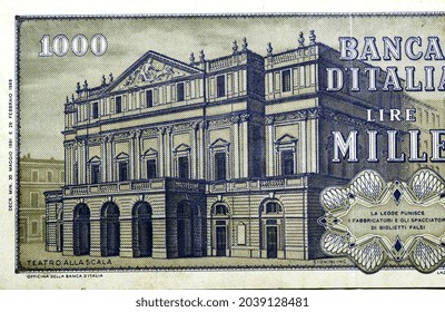 Selective focus of reverse side of 1000 one thousand Italian lire lira banknote currency issued 1981 by bank of Italy features Teatro alla Scala, opera house in Milan, old Italian money, vintage retro