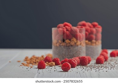 selective focus scattered raspberries chia - Powered by Shutterstock