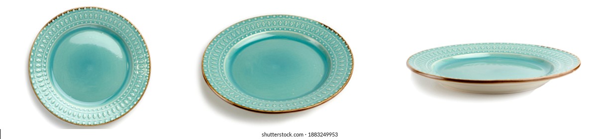 selective focus, A set of green turquoise round plates or dishes with a beautiful Golden outline, isolated on a white background with a clipping - Shutterstock ID 1883249953