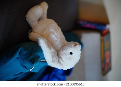 A Selective Focus Shot Of A Bunny Soft Toy On The Sofa