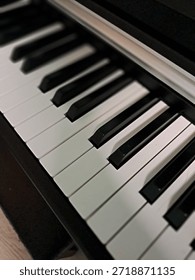 A selective focus shot captures the elegant perspective of musical instrument keys in a rhythmic pattern. The composition emphasizes the contrast between the ivory and ebony surfaces of the synthesizer or electronic piano