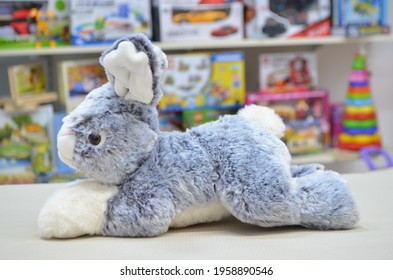 A Selective Focus Shot Of A Cute Gray Stuffed Bunny Toy