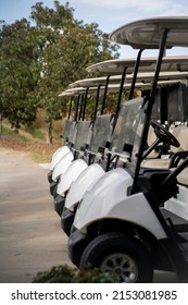 A Selective Focus Shot Of Parked Golf Carts