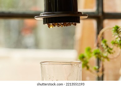 A Selective Focus Shot Of A Pressure Portable Minipress Coffee Maker