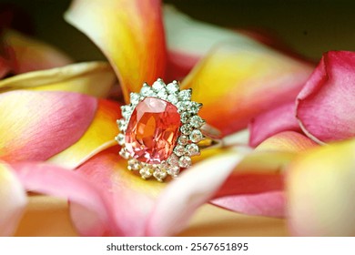 Selective focus silver ring with genuine mined natural orange sapphire gemstones oval shape cutting and diamond.