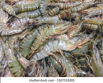 Selective Focus Of Stacked Prawns In Basket, Fresh And Clean From The Seafood Market, Uncooked Atlantic White Shrimp (Litopenaeus Setiferus) Prepare For Cooking.