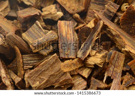 Selective Focus, Sticks Of Agar Wood Or Agarwood Background The Incense Chips Used By Burning for incense & perfumes of essential oil as Oud Or Bakhoor - Image