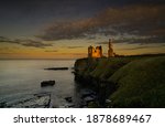 selective focus of sunset at Castle Sinclair Girnigoe , caithness, northern Scotland.