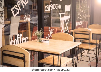 Selective Focus Of Table Of Coffee Shop Outside View With Vintage Color Tone