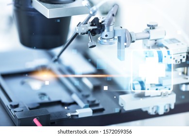 Selective focus technician hand holding microscope lens for scientist diagnosis - Shutterstock ID 1572059356
