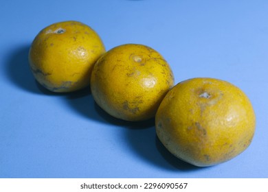 Selective Focus. Three Oranges Isolated on Blue Background