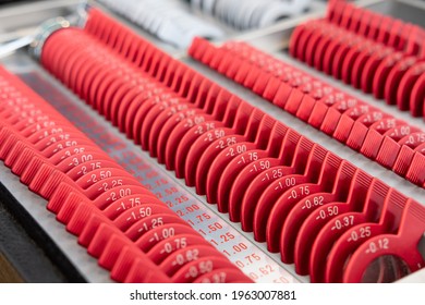 Selective Focus At Trial Frame. Optometry Equipment And Trial Glasses Frame  To Examine Eye Visual System Of  Patient Who Has Short Or Long Power Vision. Professional, Medical Tools.