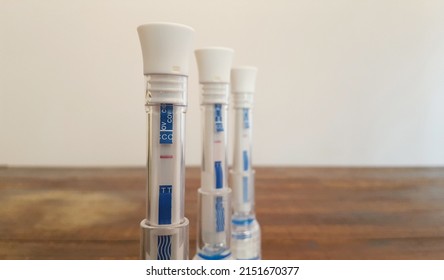 Selective Focus View Of Covid-19 Antigen Rapid Test Pen (Oral Fluid). It Is A Single-use Home Test Kit Intended To Detect The Novel Coronavirus SARS At Home.