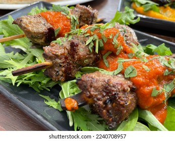 Selective focus view of the lamb kebab
