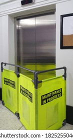 Selective Focus View Lift Or Elevators Closed For Repair Or Maintenance. The Safety First Concept, Blocking Space By Technicians For Repair & Maintenance Of Elevator Passenger.