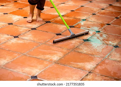 Selective focus to wiper or squeegee to clean floor surface. Cleaning floor with wiper. The concept of cleaning service.