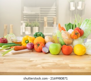 Selective focus of wood.Set of variety vegetable with copy space of table, kitchen counter bar.Healthy eating with vegetarian concepts.For product display - Shutterstock ID 2169980871
