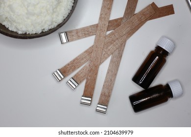 Selective Focus Of Wooden Wick For Candle Making At The Table.