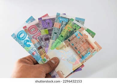 Selective focused , Full set of Kuwaiti Dinar bank paper notes. Kuwait dinar bank notes 0.25KWD, 0.5KWD, 1KWD, 5KWD, 10 KWD and 20 KWD. 