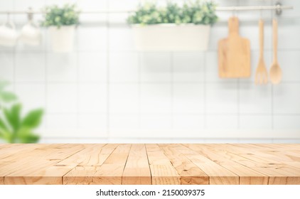 Selective Focus.Wood Table Top On Blur Kitchen Counter Background.For Montage Product Display Or Design Key Visual Layout.