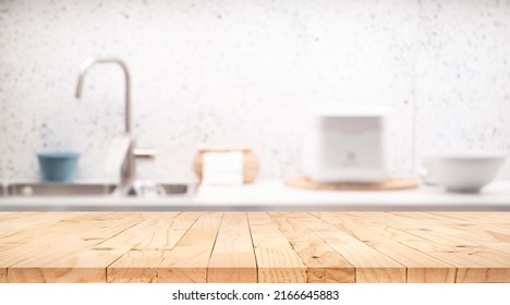 Selective Focus.Wood Table Top On Blur Kitchen Counter Background.For Montage Product Display Or Design Key Visual 