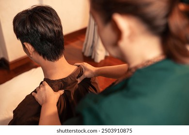 Selective on hand of professional masseur service massage shoulder and neck of a man customer in spa salon. Thai massage. - Powered by Shutterstock