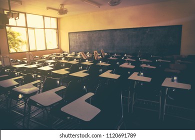 Selective Soft And Blur Focus.old Wooden Row Lecture Chairs In Dirty Classroom In Poor School.study Room Without Student.concept For Education In Third World ,donate And Charity,background Text.