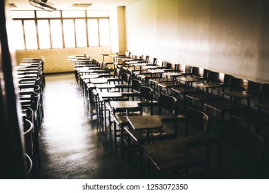 Selective Soft And Blur Focus.old Wooden Row Lecture Chairs In Dirty Classroom In Poor School.study Room Without Student.concept For Education In Third World ,donate And Charity,background Text