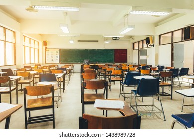 Selective Soft And Blur Focus.old Wooden Row Lecture Chairs In Dirty Classroom In Poor School.study Room Without Student.concept For Education In Third World ,donate And Charity,background Text.