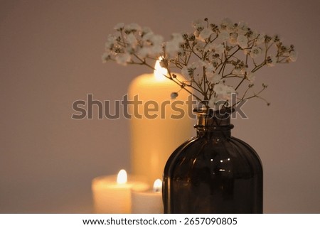 Selective soft focus Burning blur candles with flower in vase. Evening night Light and shadow gray neutral background. Minimalist still life.