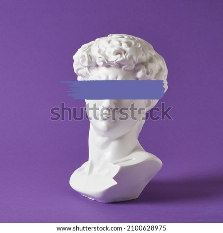 selectve focus of  bust of david replica on a purple background copy space, a copy of the work of michelangelo, art with antique sculpture