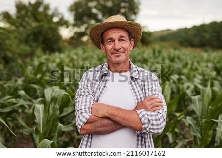 Self assured mature man in checkered shirt and straw hat crossing arms and looking at camera while standing in corn field on farm