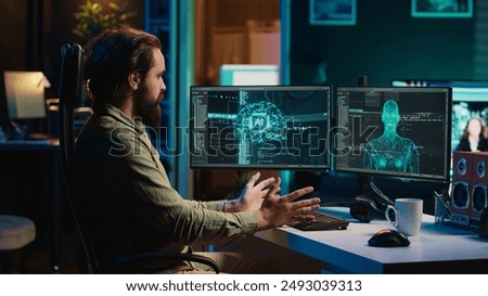 Self aware AGI AI gaining humanoid form inside cyberspace, waving hand, saluting man. Artificial intelligence becoming sentient, greeting IT admin, human machine interaction concept, camera A