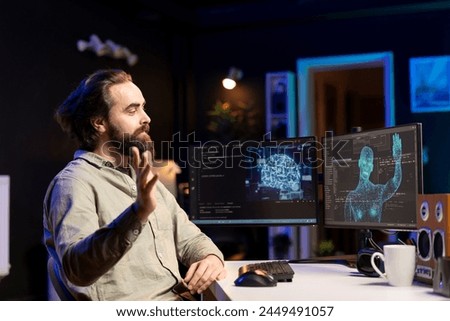 Self aware AI gaining anthropomorphic form inside cyberspace, waving hand, saluting software programmer. Artificial intelligence becoming sentient, greeting computer scientist