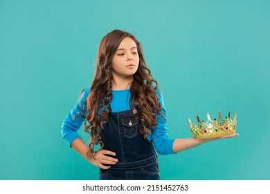 Self Confident Queen. Expressing Smug. Arrogant Princess In Tiara. Proud Kid With Curly Hair.