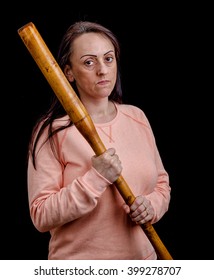 Self Defense, Woman Holding Baseball Bat On Black Background With Copy Space.