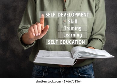 Self development, education, learnig, training, skill. Woman are clicking virtual screen.