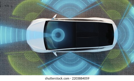 Self Driving Autopilot Car Technologies, Radar, 360, Sensor, Cameras, Laser. Artificial Intelligence Digitalizes and Analyzes Road. Sensor Scanning Road Ahead for Vehicles, Danger, Speed Limits. - Shutterstock ID 2203884059
