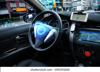 Self Driving car with HUD graphic of AI Autopilot and Navi system is parking near the road while using a sensor to keep safety around the car. Transporation technology, Autonomose vehicle Concept