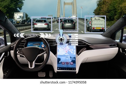 Self Driving Car On A Road. Autonomous Vehicle. Inside View.