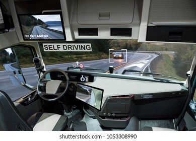 Self Driving Truck With Head Up Display On A Road. Inside View.