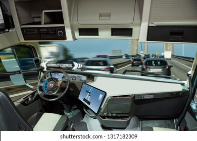 Self Driving Truck With Head Up Display On A Road. Inside View.