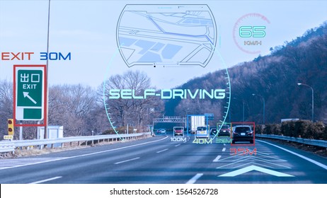 Self Driving Truck With Head Up Display On A Road.