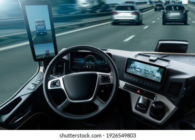 Self Driving Truck On A Road. Inside View.	