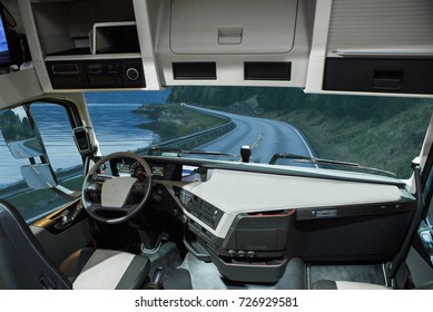 Self Driving Truck Without Driver On A Road. Inside View.